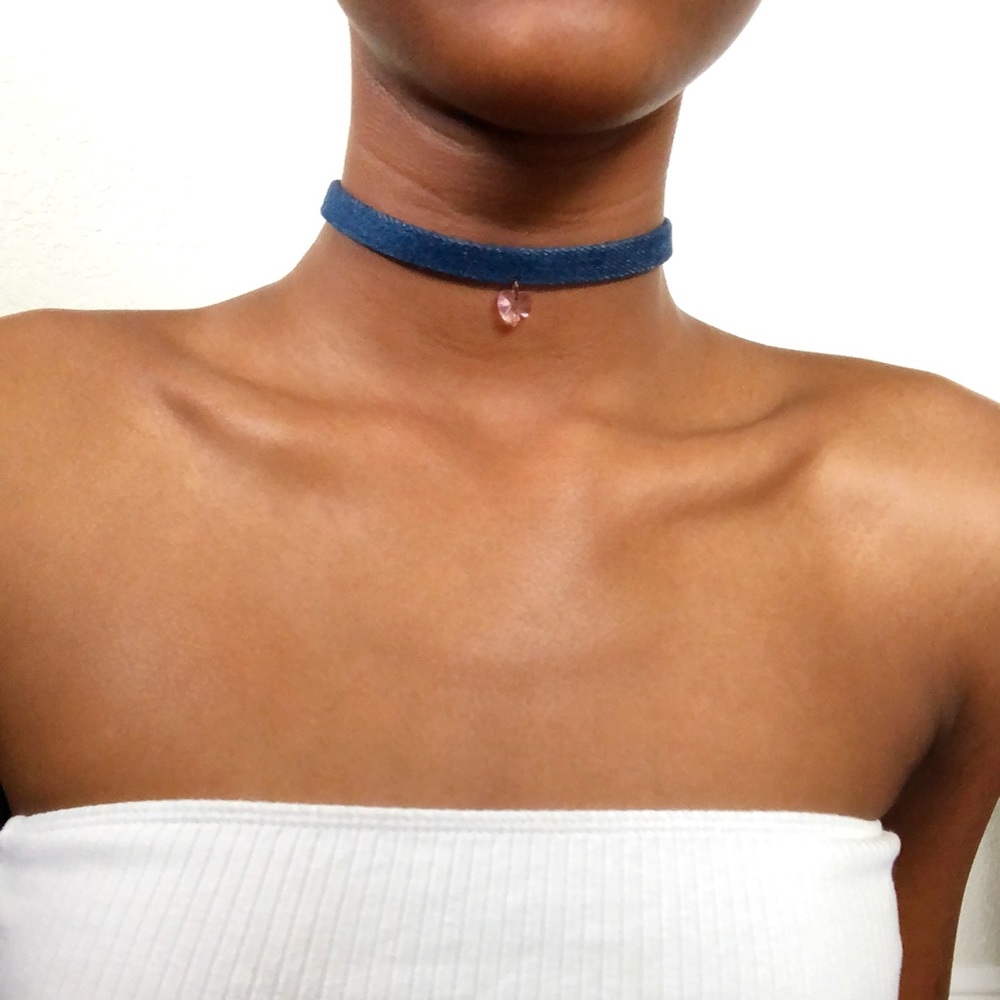 Denim Chocker With Pink Heart Detail